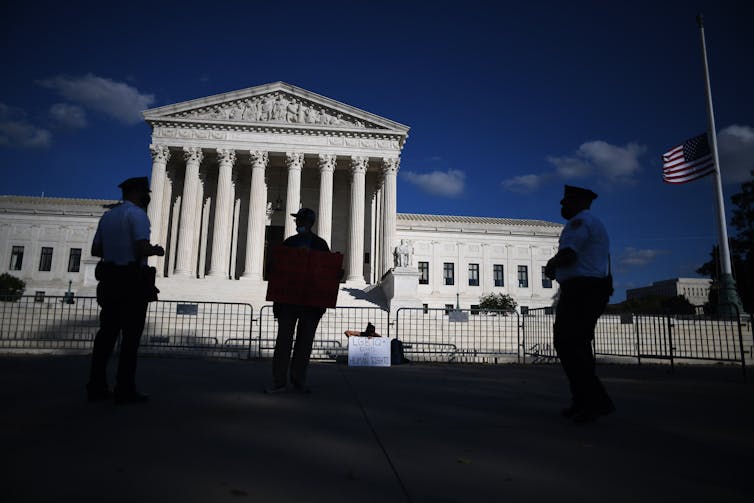 The front of the US Supreme Court building.