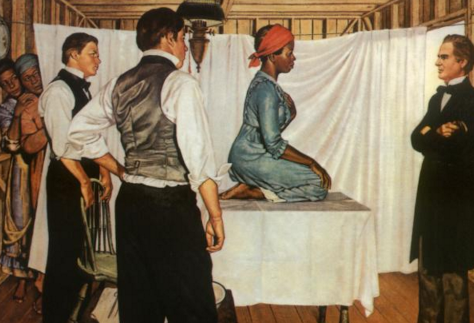 A painting of a slave woman on table being looked at by male doctors.