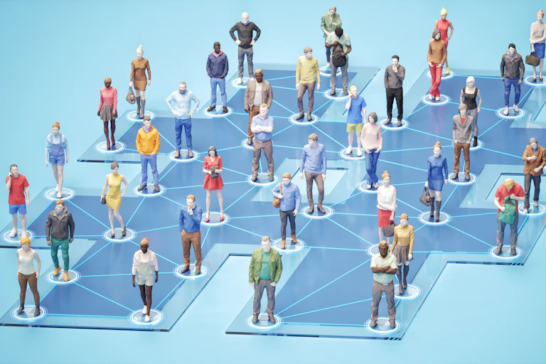 graphical representations of several dozen people standing on the nodes of a network diagram in the shape of a hashtag