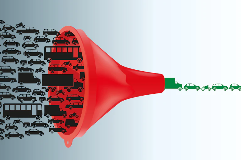 Un embudo rojo engulle coches negros y deja pasar coches verdes.