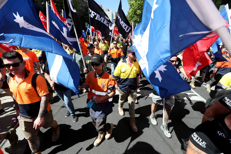 Members of the Construction, Forestry, Maritime, Mining and Energy Union and other workers rally in Adelaide in October 2019 to demand the introduction of industrial manslaughter laws
