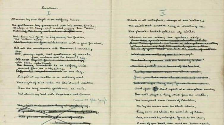 Two pages from a handwritten notebook of poetry containing revisions.