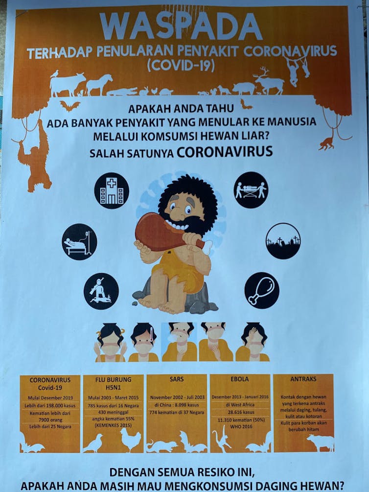 Indonesian poster with cartoon caveman eating meat, described below.