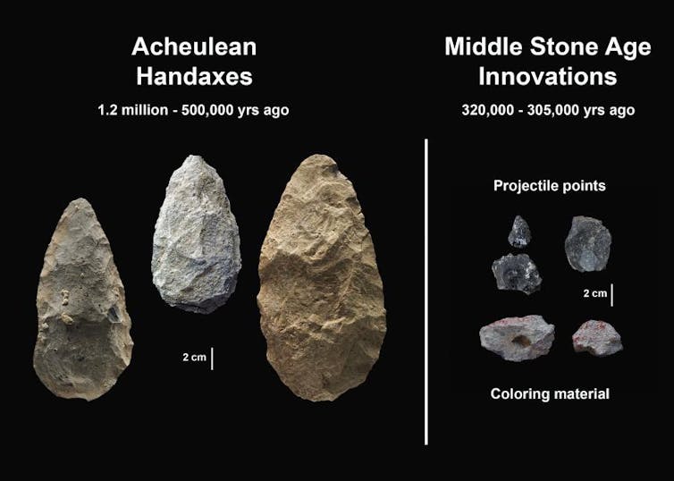 Acheulean handaxes and Middle Stone Age projectiles and
pigments