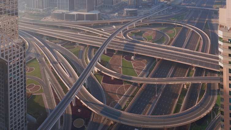 An aerial view of an empty highway interchange.
