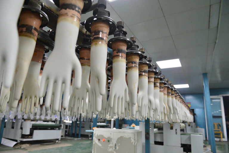 Medical gloves in production.