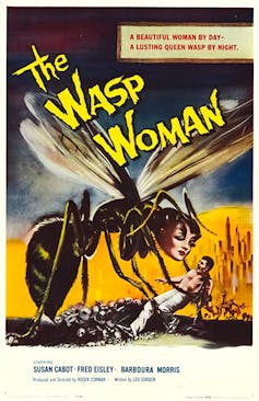 Movie poster shows a giant wasp with the face of a woman.