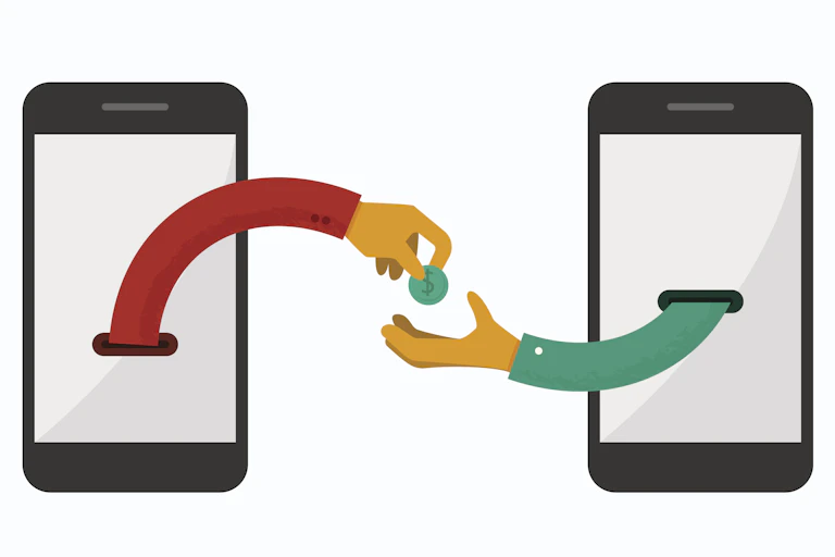 An arm extending from a smartphone screen drops a coin into an outstretched hand emerging from another smartphone screen.