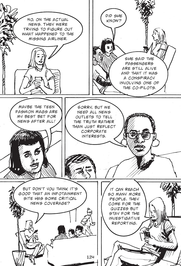 A page with six comic book panels showing an exchange about news.