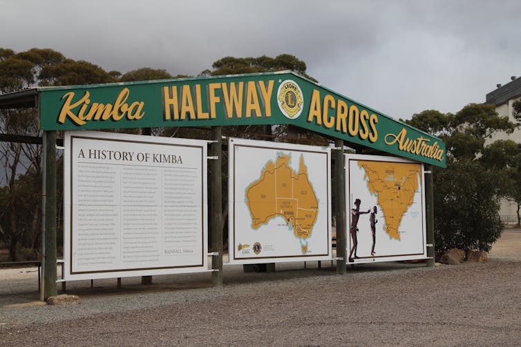 A sign noting that Kimba is halfway across Australia.