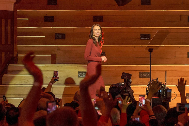Labour's Jacinda Ardern before a cheering crowd on election night.
