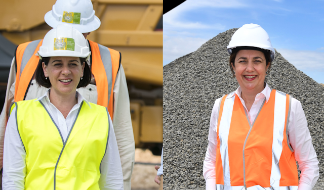 Opposition leader Deb Frecklington and incumbent premier Annastacia Palaszczuk in hi-vis and hard hats at mining and construction sites during the election campaign.