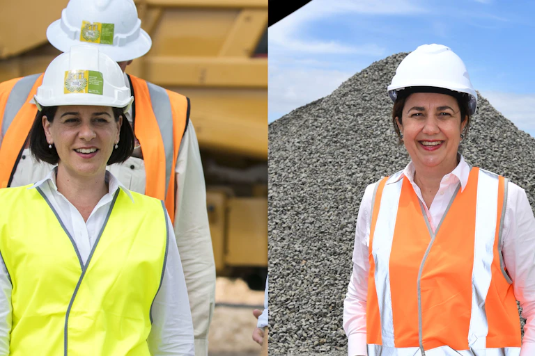 Opposition leader Deb Frecklington and incumbent premier Annastacia Palaszczuk in hi-vis and hard hats at mining and construction sites during the election campaign.