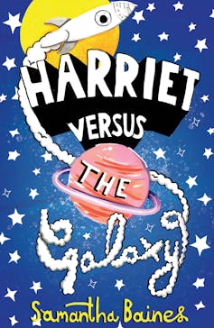 Book cover with stars and a rocket that has circled Saturn.