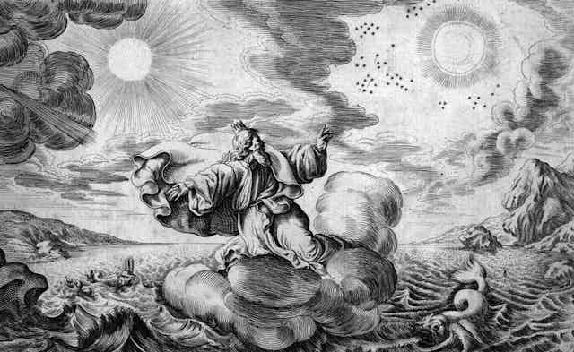 Black and white drawing of God creating the sun, moon, stars and sea