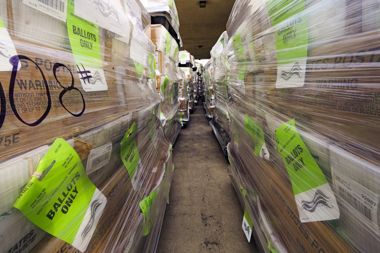 Pallets of voting ballots await mailing with the United States Postal Service in Santa Ana, Calif., on Oct. 5