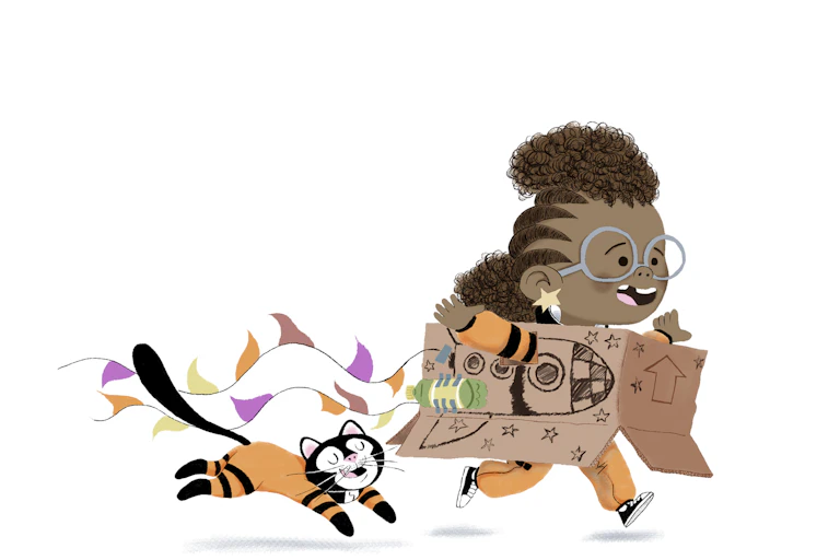 Girl runs in a box that she's turned into a rocket followed by a cat.