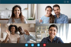 Video call split-screen shot of two couples and two women