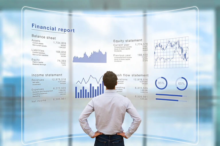 Un hombre en camisa, de espaldas, observa una pantalla que muestra un informe financiero.
