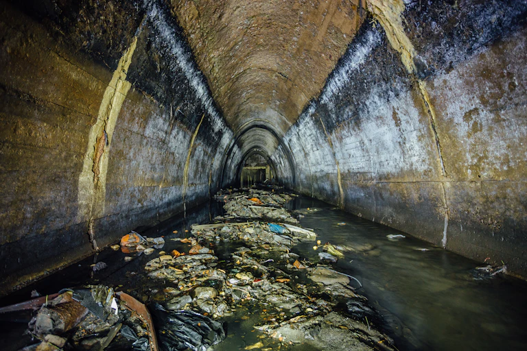 An underground sewer filled with dirty water and mixed solids.