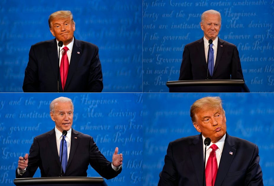 Two photos each of Donald Trump and Joe Biden, debating