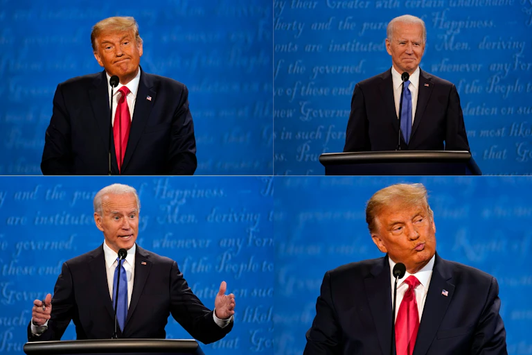 Two photos each of Donald Trump and Joe Biden, debating