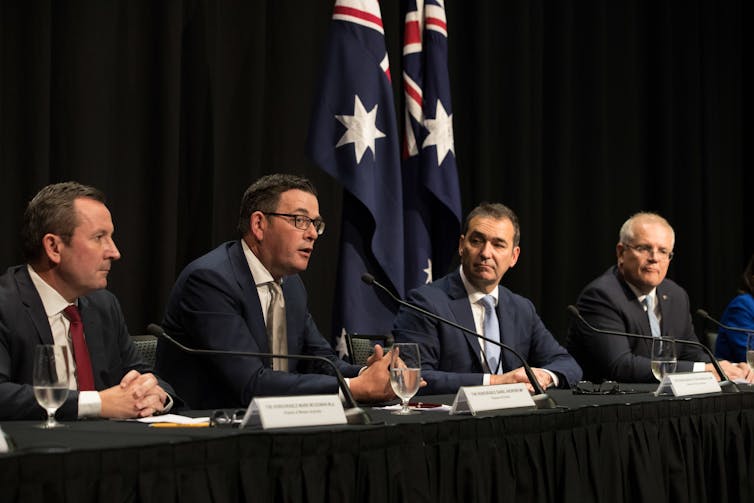 Premiers Mark McGowan, Daniel Andrews and Steven Marshall hold a press conference with Prime Minister Scott Morrison