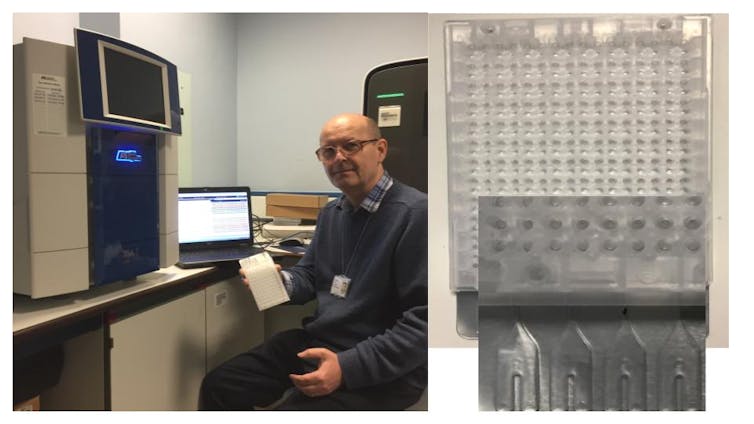 Left, Martin Curran in his lab holding the array. Right, closeup of the card.