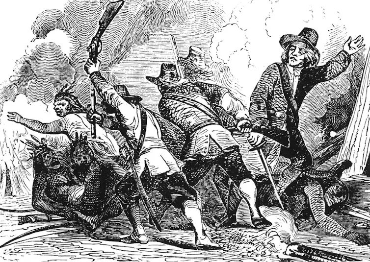 Engraving showing men fighting in the Pequot war.