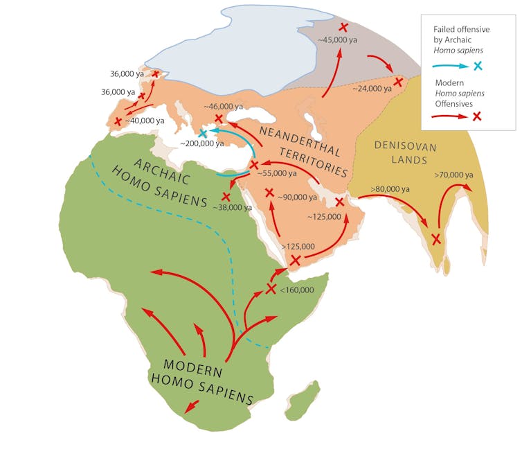 Map of Eurasia and Africa showing territories of different human ancestors and relatives.