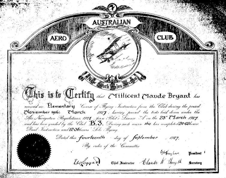 An image of Bryant's Aero Club training certificate.