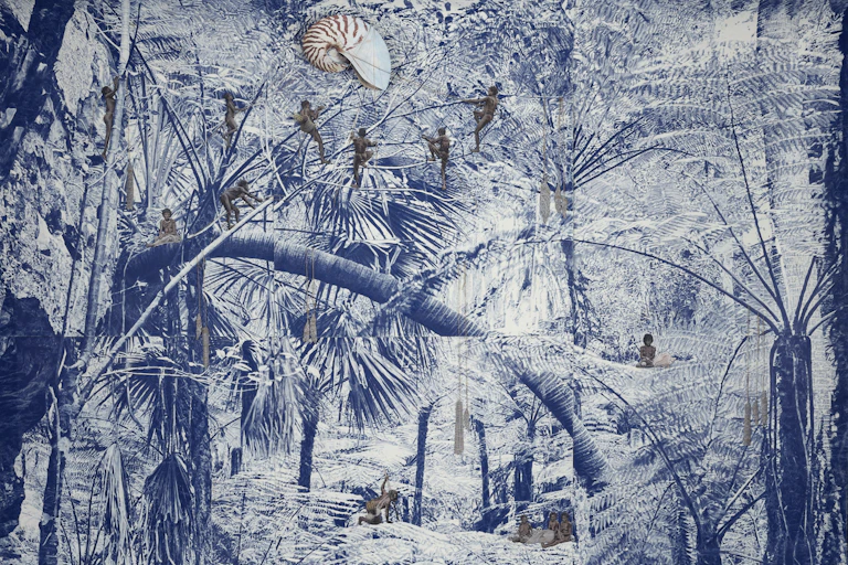 blue ink drawing with shells and Indigenous figures collaged