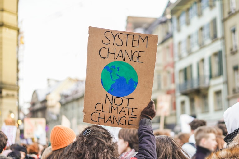 A protester holding a placard that says "System change not climate change"