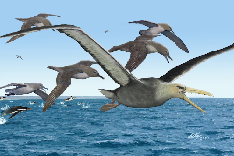 Computer illustration showing different kinds of birds in an ocean scene. In the foreground is a giant bird with what looks like teeth. Penguins and other birds are in the background.
