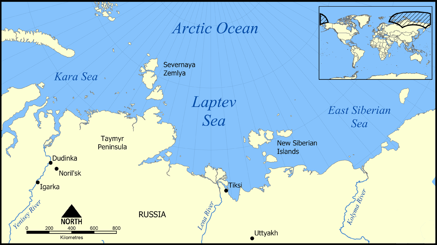Море Лаптевых на карте