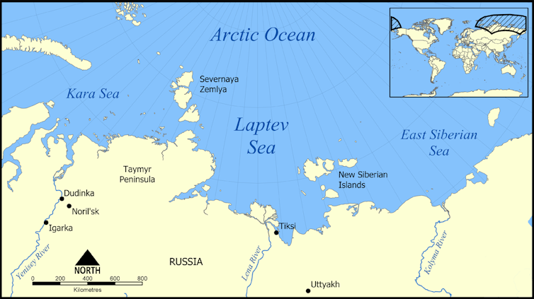 A map of the Laptev Sea with an inset world map.