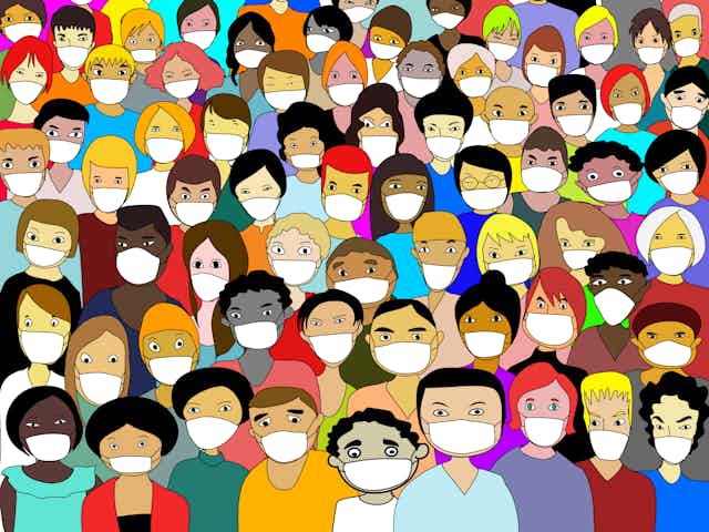 Ilustración de muchas personas diversas con mascarilla.