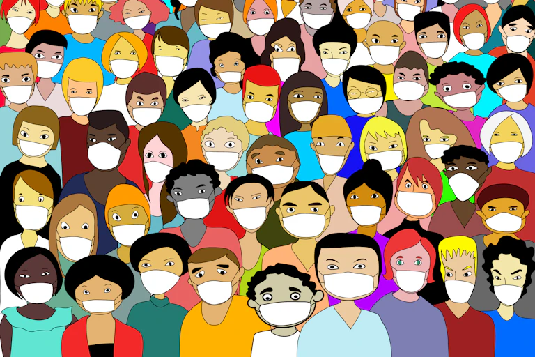 Ilustración de muchas personas diversas con mascarilla.