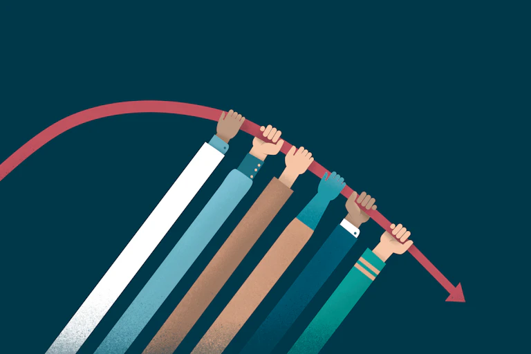 Ilustración de seis brazos cuyas manos agarran una curva estadística y la aplanan.