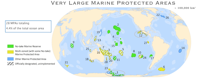 A world map showing the locations of marine protected areas.