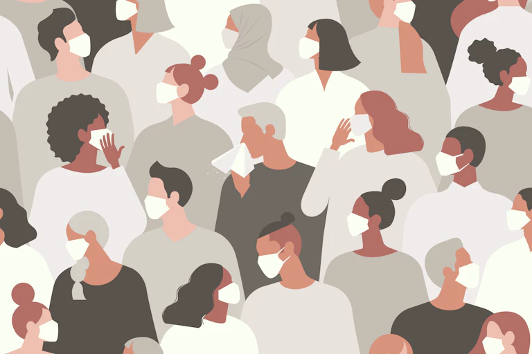 Illustration of people wearing masks and one man in the centre sneezing