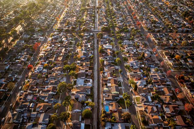 An aerial view of a suburb in Los Angeles shot during 'golden hour'