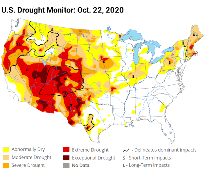 The U.S. Drought Monitor map shows the worst drought in the Four Corners region.