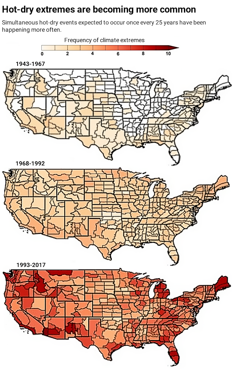 Maps showing changing frequency of extreme hot-dry events for years 1943-1967, 1968-1992, and 1993-2007