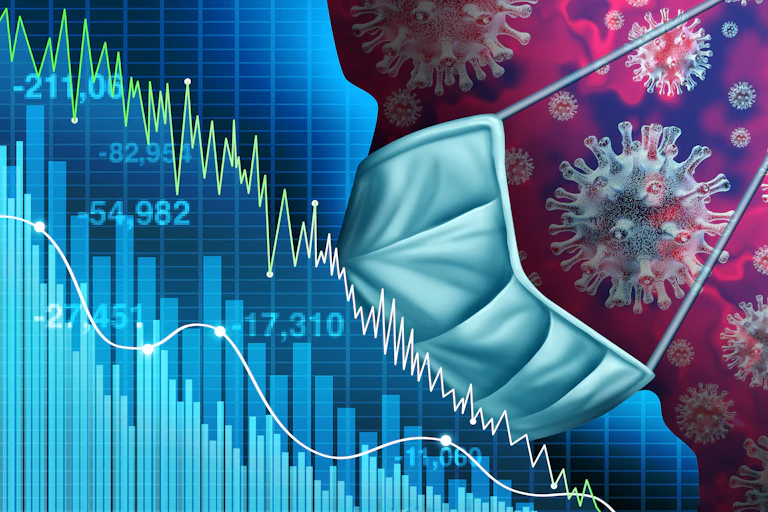 Ilustración de curva estadística económica declinante y perfil humano con virus y mascarilla.