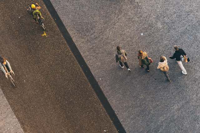 Aerial view of walkers and cyclists.