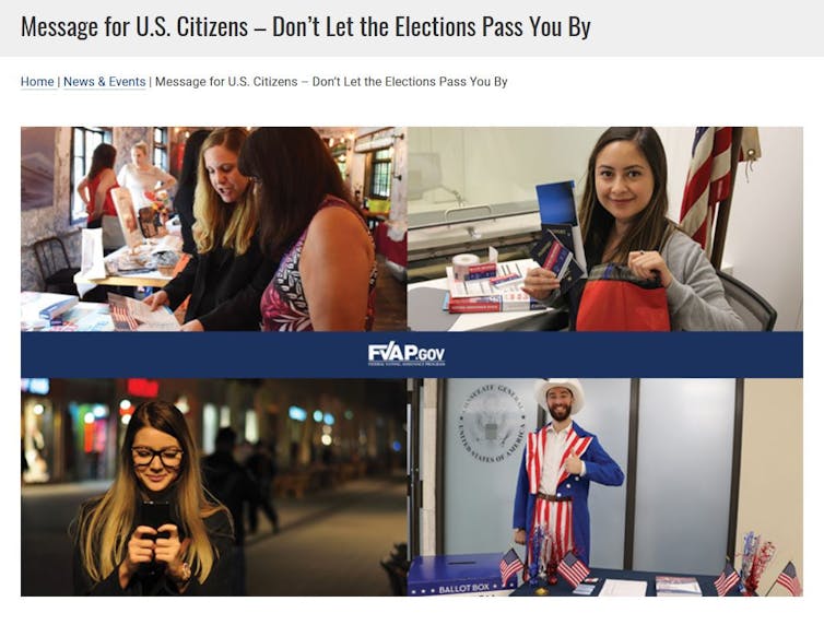 Four images of overseas voters and the message 'Don't Let the Elections Pass You By'