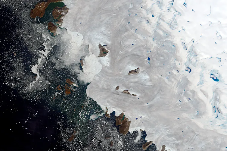 Aerial view of ice and sea.