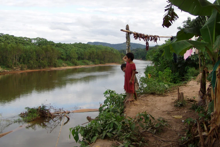 Tsimane children stand on a river bluff
