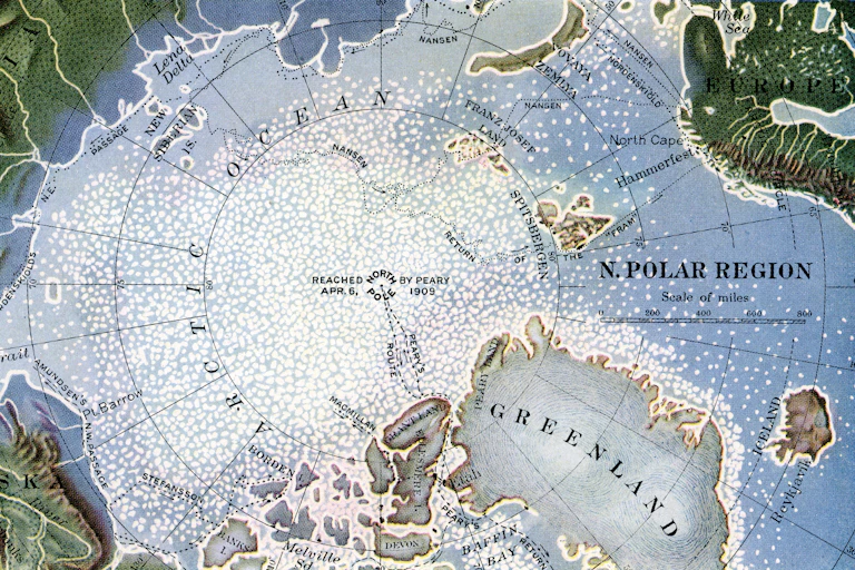 Explorer Robert Peary's route map for 1909 expedition to the North Pole.